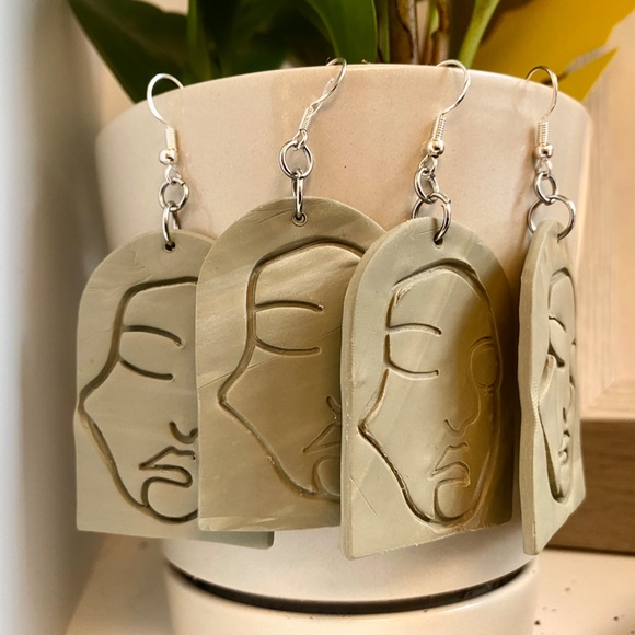Handmade Clay Earrings | Face Outline Statue | Light Forest Green | Hook Backs - Picture 5 of 7